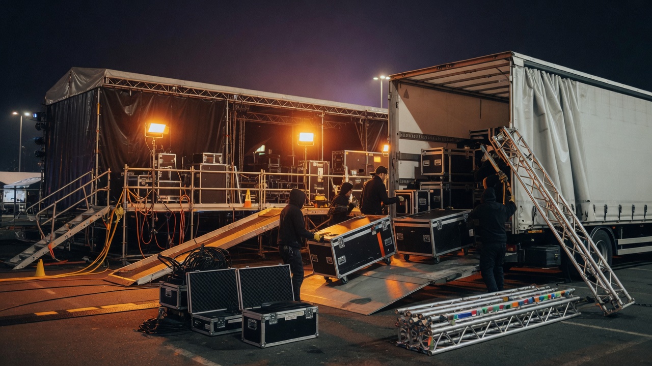 Eventcrew lädt Cases in einen Planen-Lkw an der Bühne
