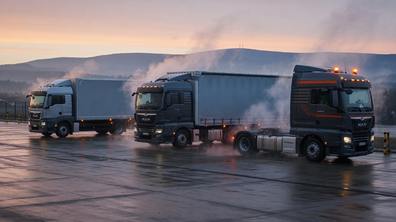 Drei MAN-Lkw im Hof bei Morgendämmerung