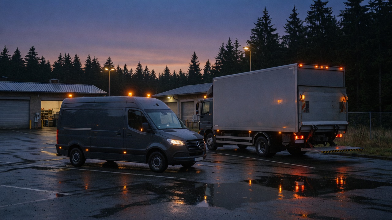 Sprinter und 7,5-Tonner am Depot in der Blauhour