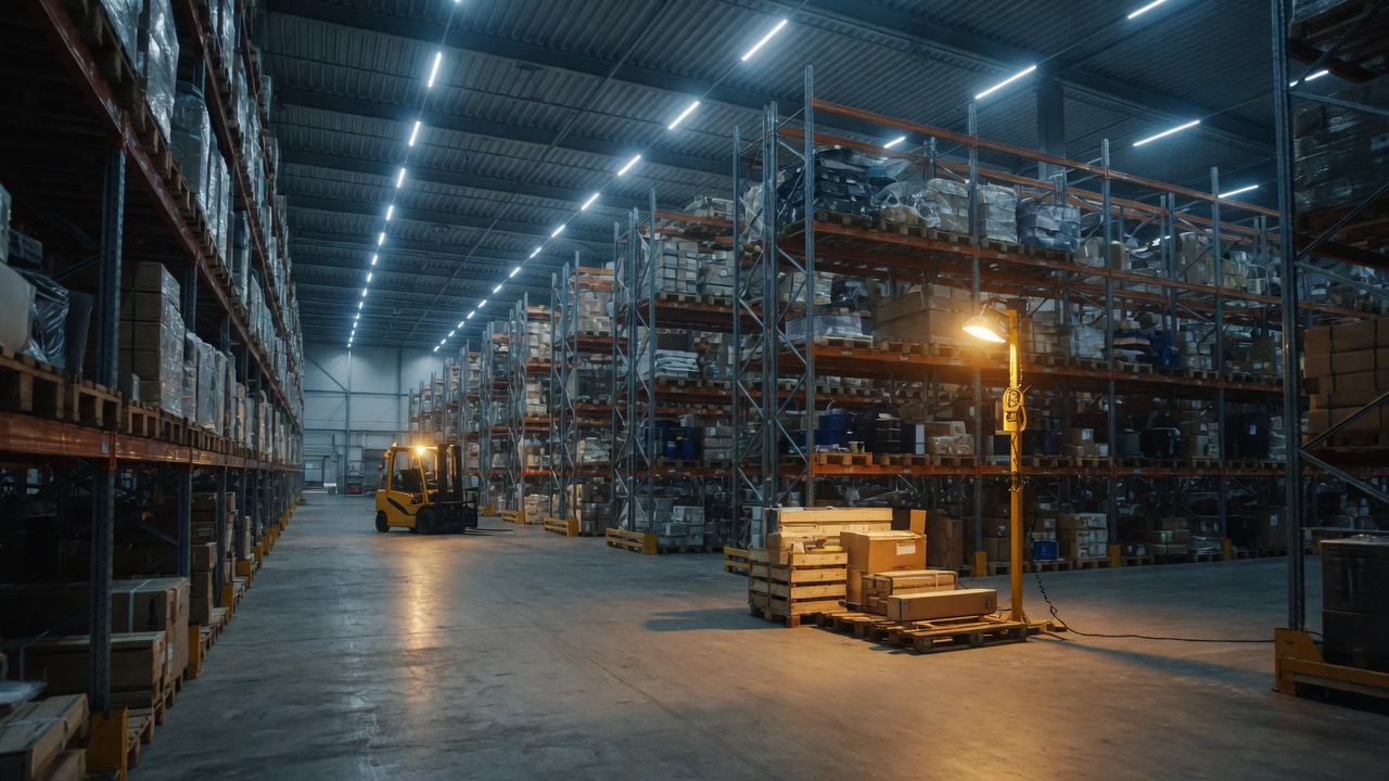 Regallager mit Stapler und Paletten unter LED-Licht